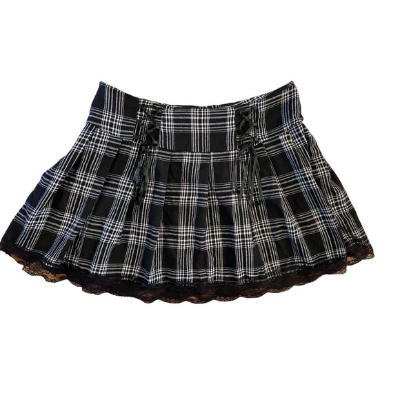Y2k Plaid Corset Mini Skirt XXL Black Lace Trim Avril Lavigne Punk Emo Gothic - Picture 1 of 10